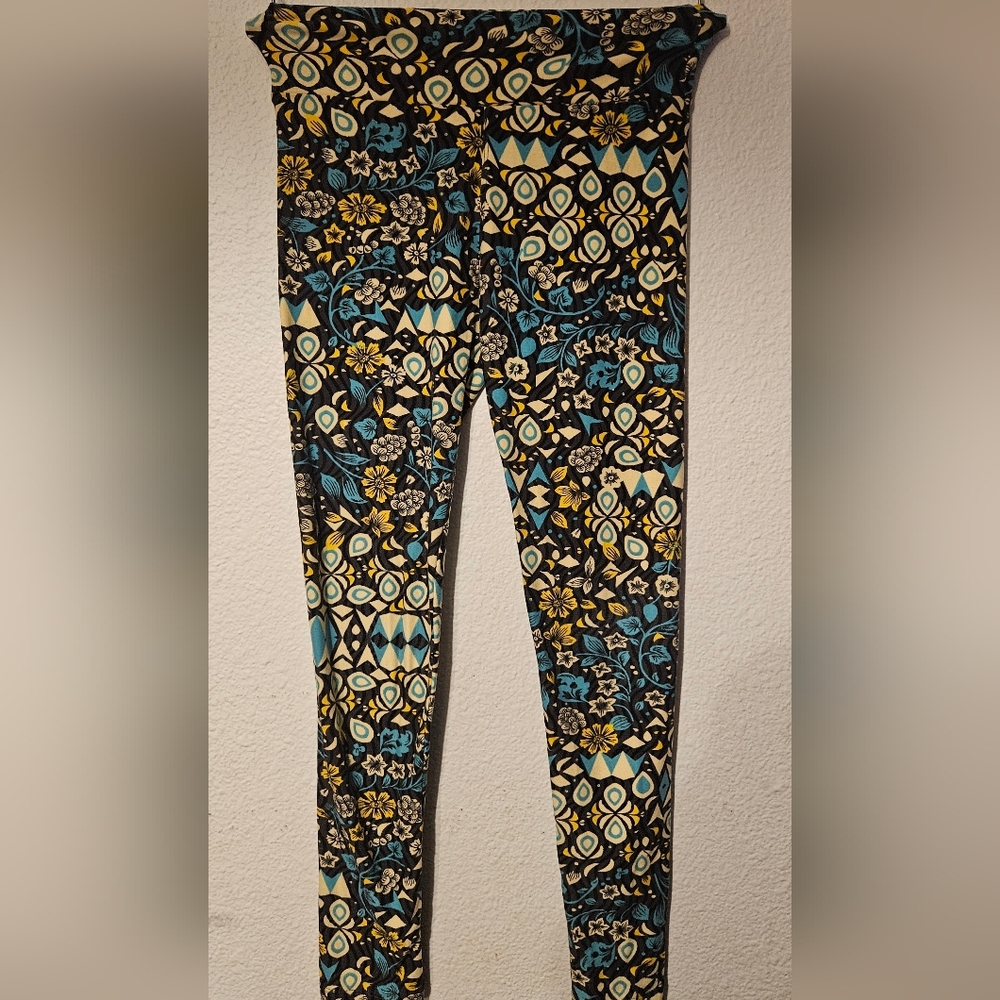 LuLaRoe Geometric Floral Leggings - Black, Yellow, Blue